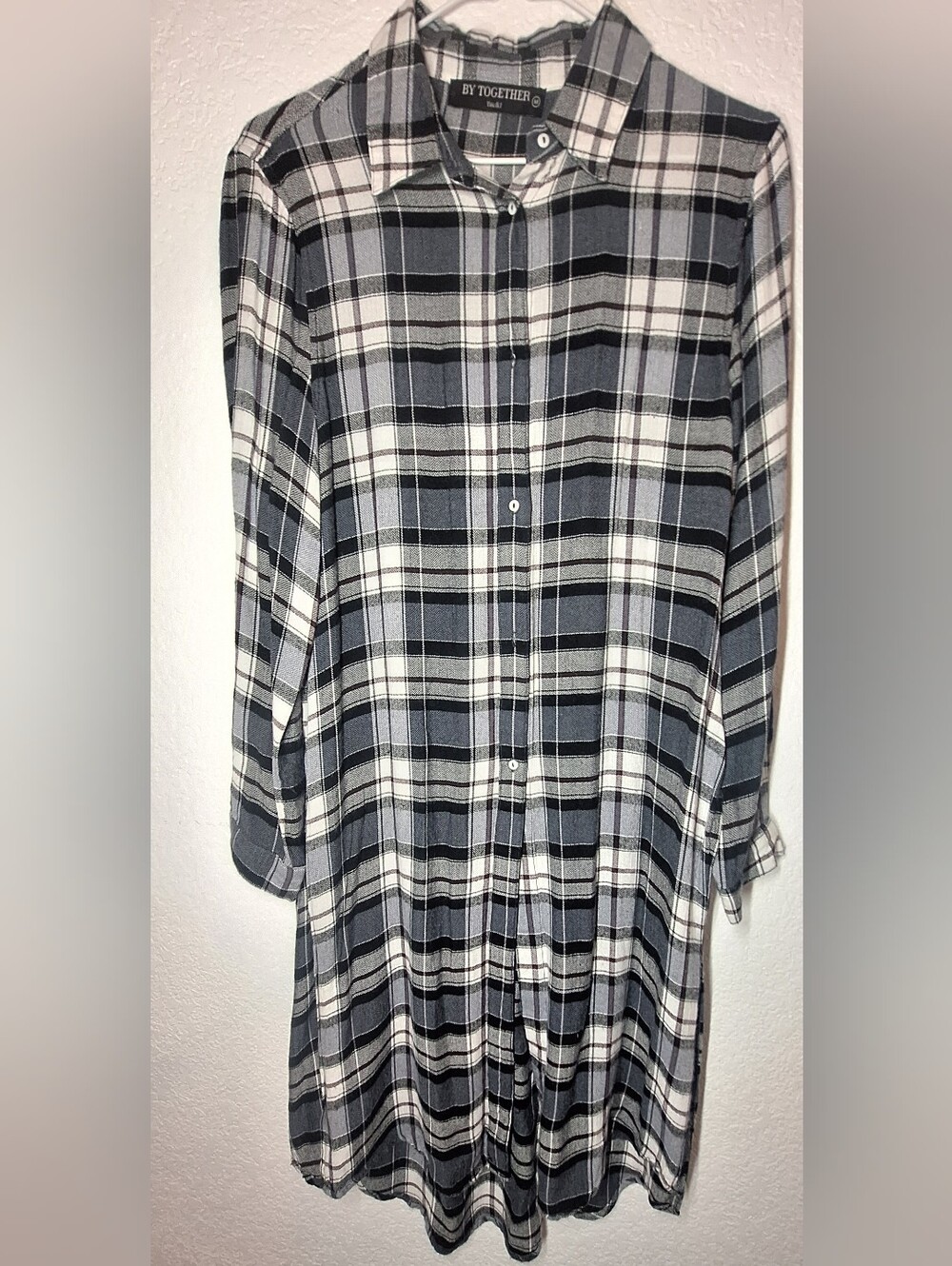 By Together Blue Gray Plaid High Side Back Slit Duster Tunic Shirt M